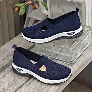 Womens Navy Blue Knit Slip On Walking Shoes Mesh Mary Jane Sneakers Fashion